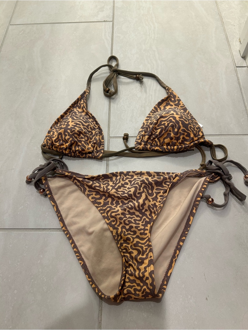 French Connection Brown & Light Orange Patterned Bikini
